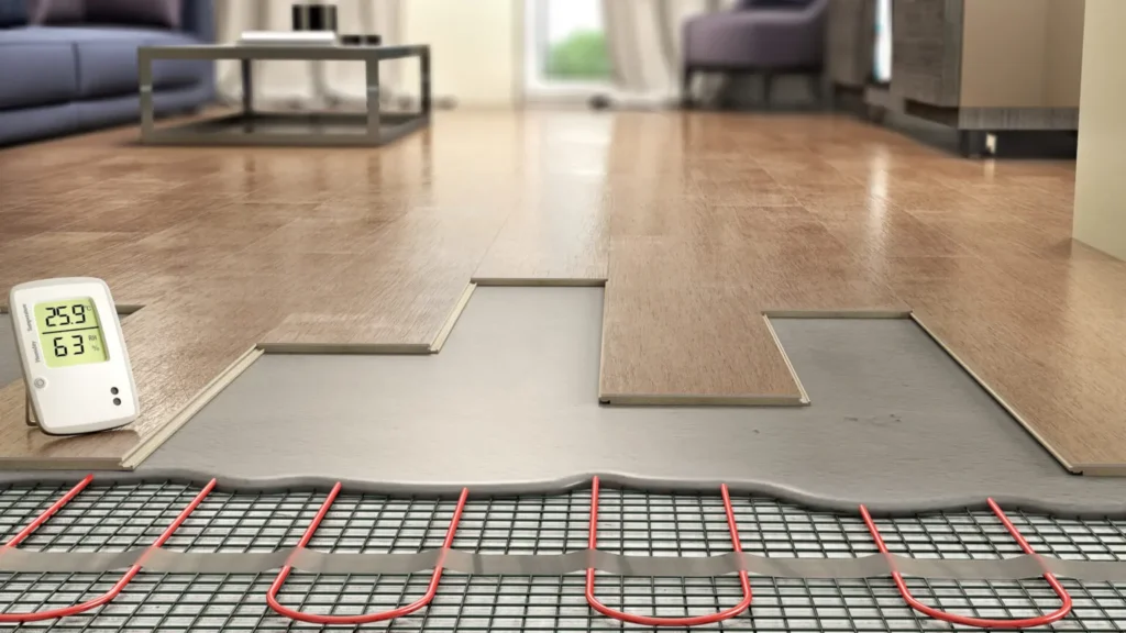 Ondergrond met vloerverwarming tijdens het leggen van een PVC vloer